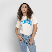 Thumbnail for Cream Weekender Varsity Tee - Because Weekend